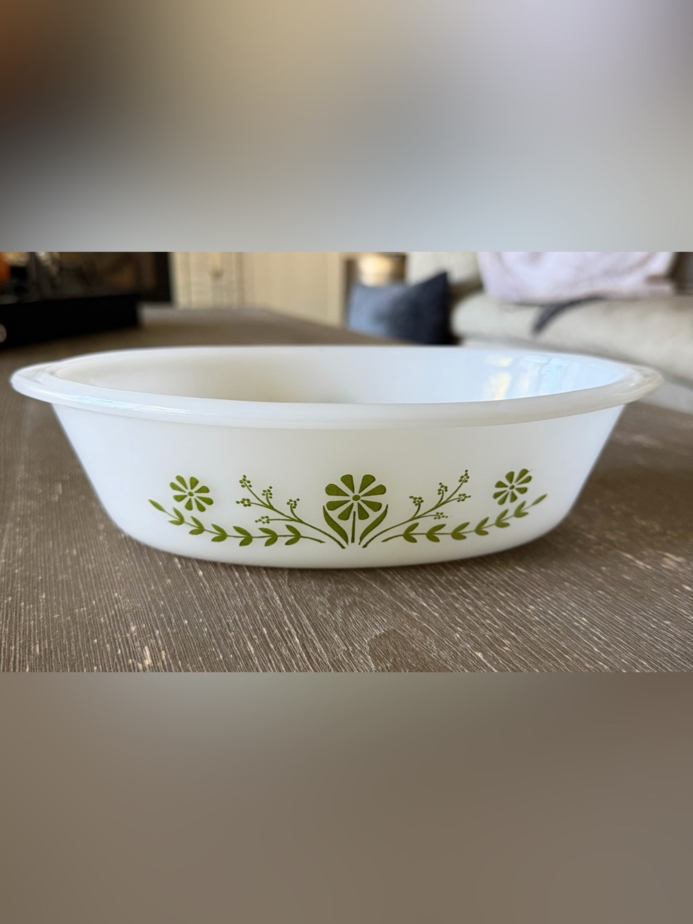 Vintage Milk Glass Glasbake (Jeannette Glass) “Green Daisy” J-235 1 Quart Dish